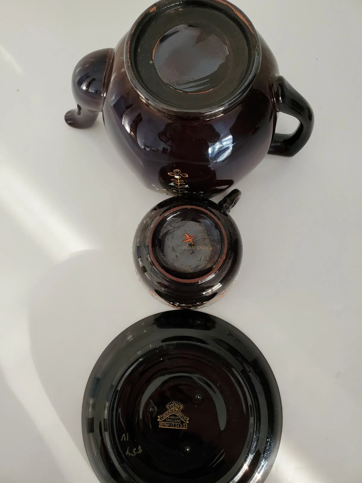 Antique Gibson & Son Burem England Enameled  Hand Painted  Teapot Cup Saucer Set