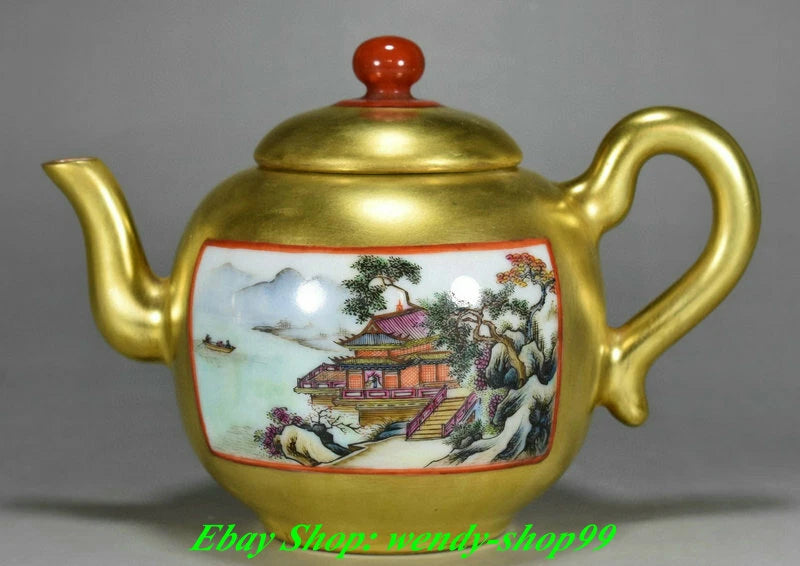 8" DaQing Qianlong Marked Colour Enamel Porcelain Gilt Mountains Rivers Teapot