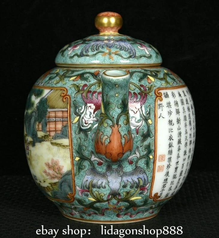 8.2" Qianlong Marked Enamel Porcelain landscape Tree Words Pattern Wine Tea Pot