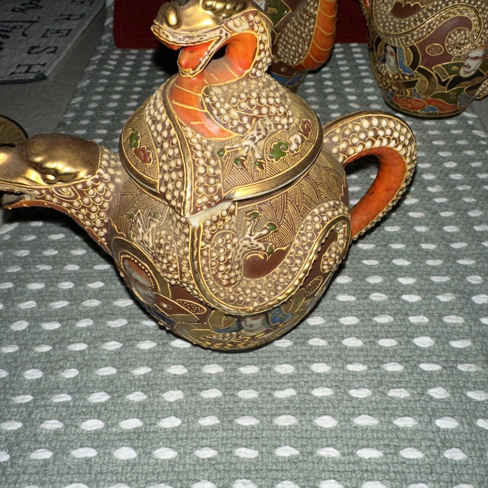 ANTIQUE 17 JAPANESE SATSUMA TEA SET PORCELAIN DRAGON-WARE MORIAGE RAISED ENAMEL | eBay