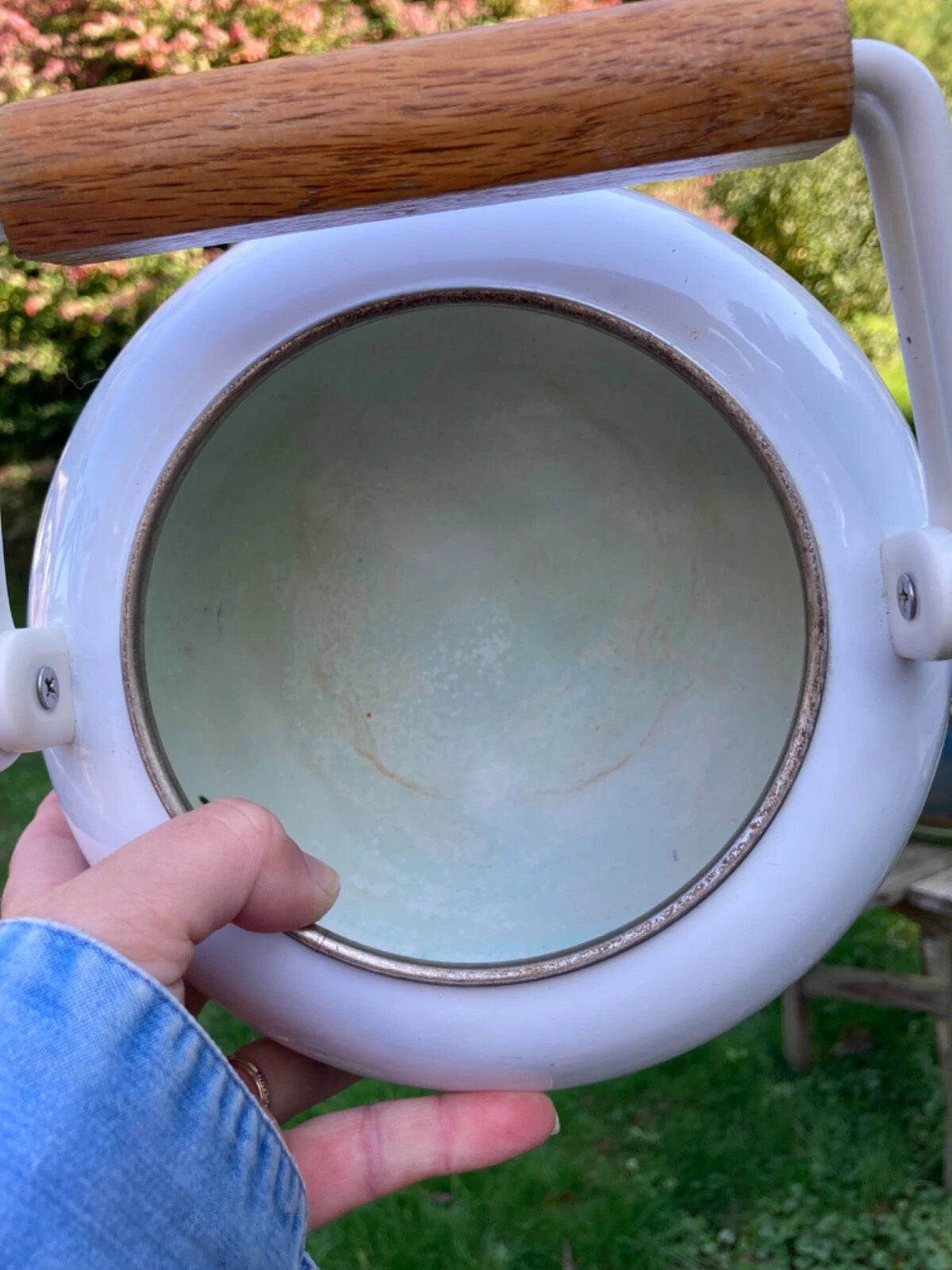 Enamel White MidCentury Tea Pot Kettle Wooden Handle & Knob Vintage | eBay