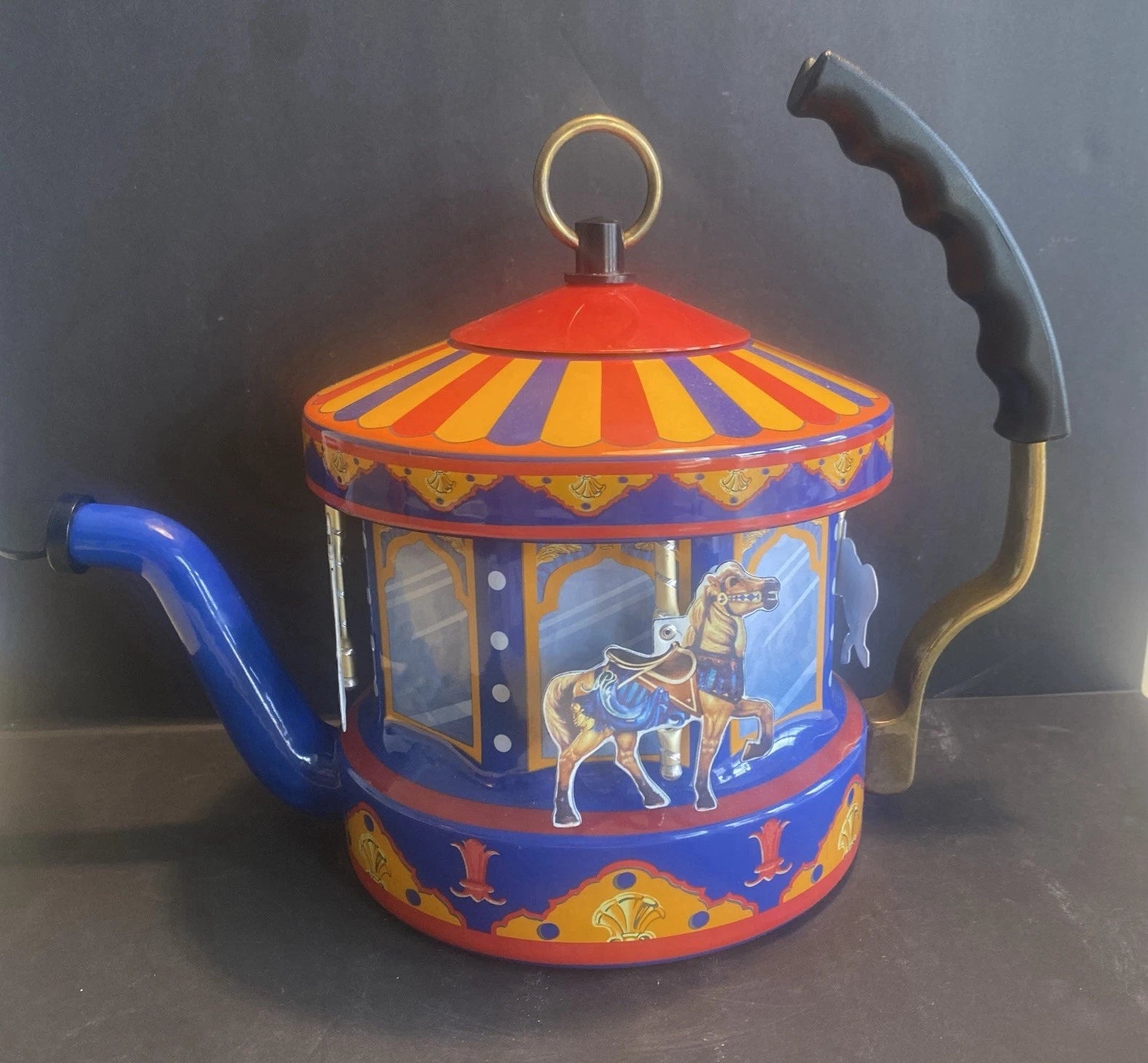MKI Teapot Kettle Steam Driven Carousel World of Motion Kamenstein Enamel READ