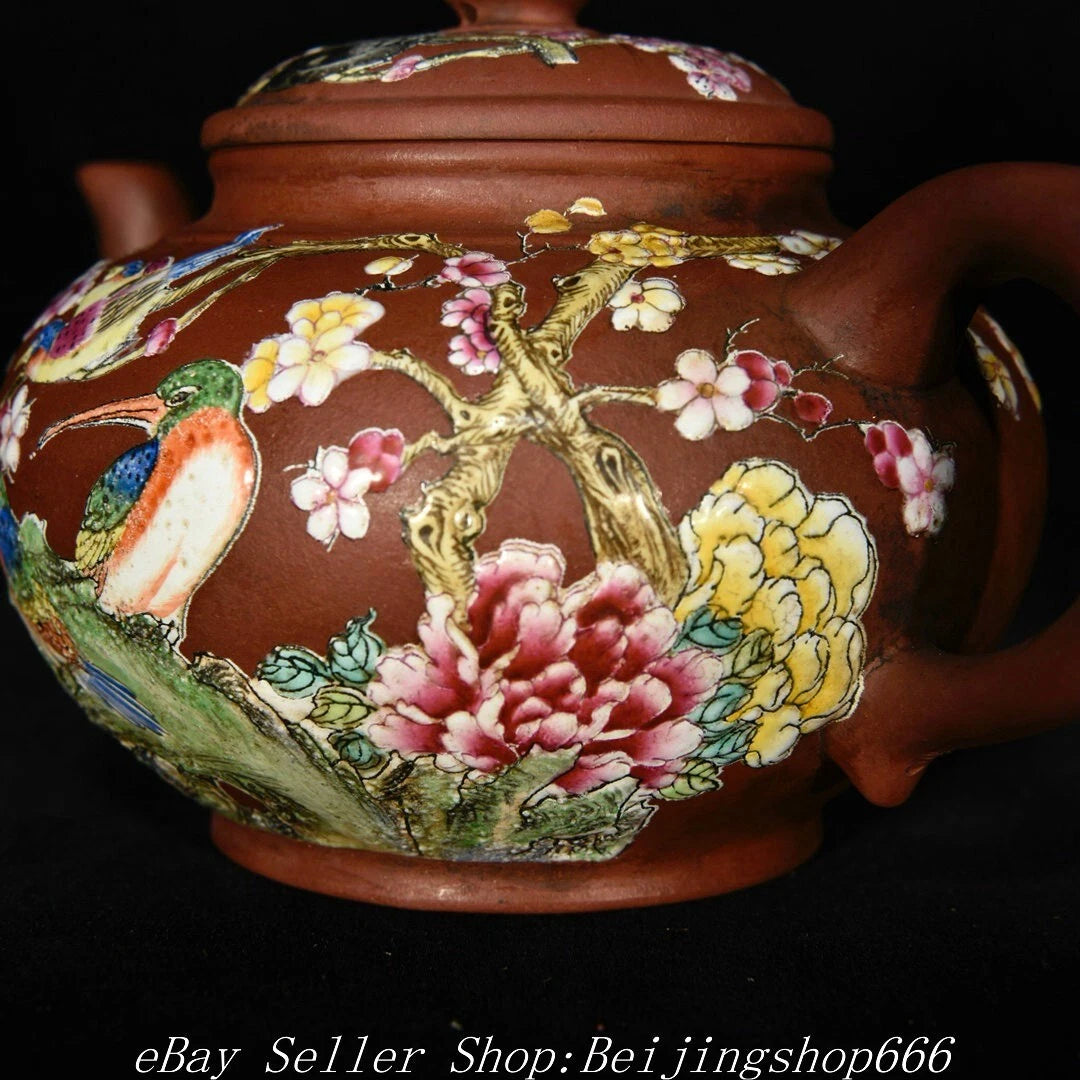 6.4" Marked Chinese Zisha Colour enamels Porcelain Flower Handle Kettle Teapot