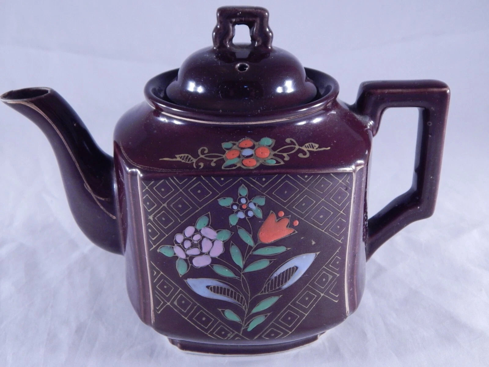 Antique Vintage Japan Teapot Early Mid Century Glossy Embossed Design Enamel