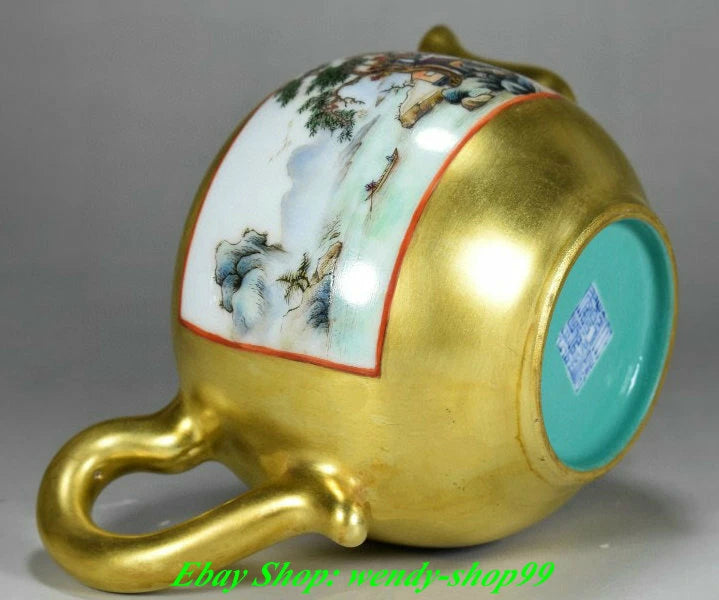 8" DaQing Qianlong Marked Colour Enamel Porcelain Gilt Mountains Rivers Teapot