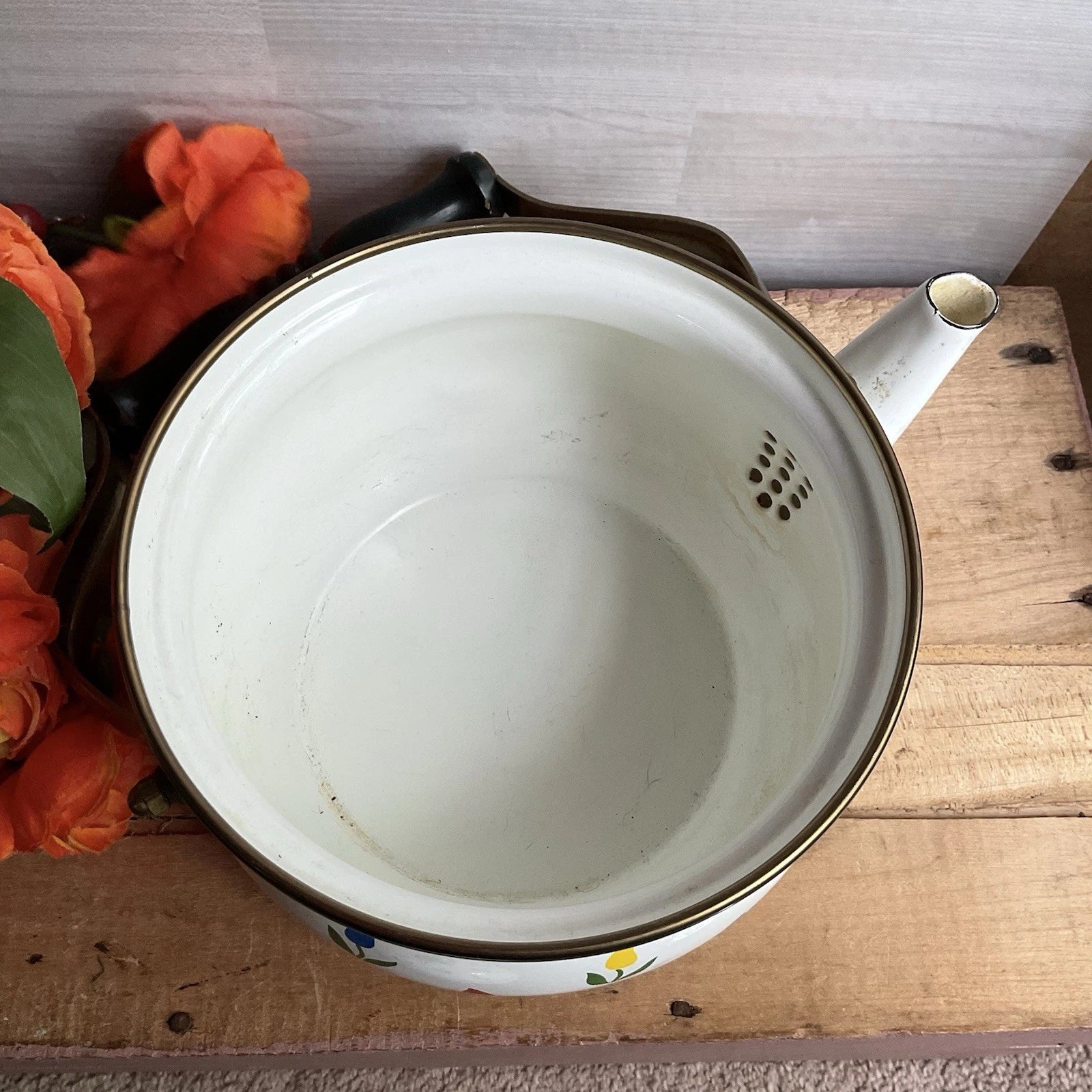 ASTA Enamelware Tea Kettle Teapot Brass Handles Tulips Vtg 1960’s West Germany | eBay