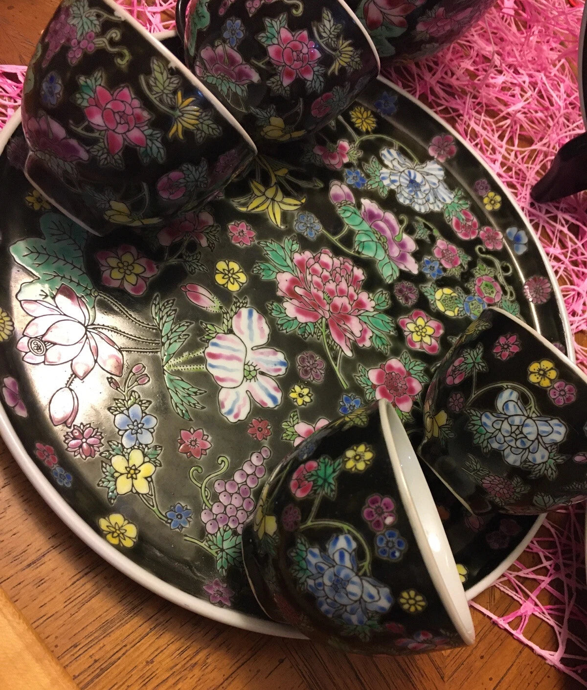 Chinese Millefleur Famille Noire Black Porcelain Enamel Teapot Cups Tray | eBay