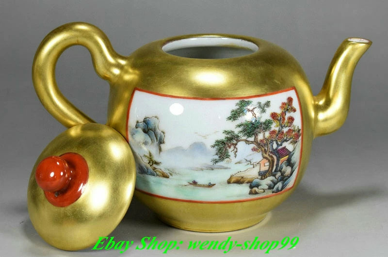 8" DaQing Qianlong Marked Colour Enamel Porcelain Gilt Mountains Rivers Teapot