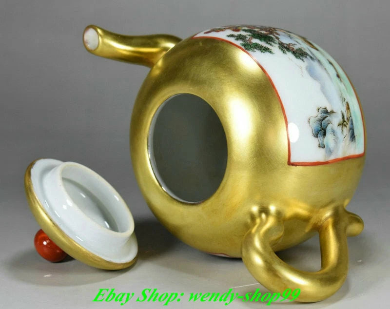8" DaQing Qianlong Marked Colour Enamel Porcelain Gilt Mountains Rivers Teapot