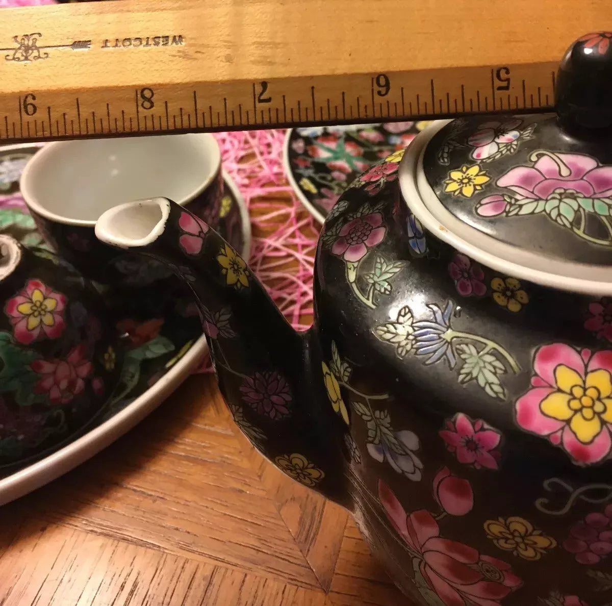 Chinese Millefleur Famille Noire Black Porcelain Enamel Teapot Cups Tray | eBay