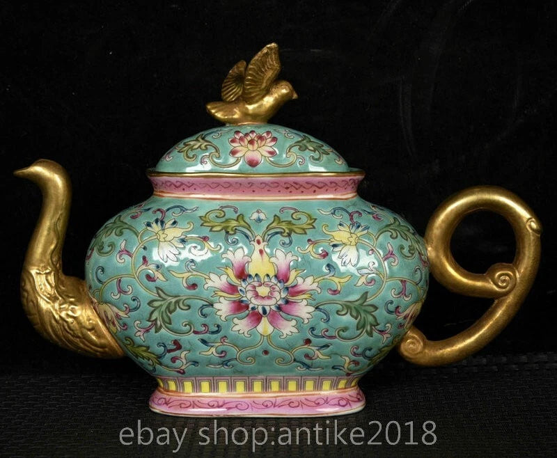 7.8 " Yongzheng Marked China Colour Enamel Porcelain Gilt Dynasty Flower Teapot