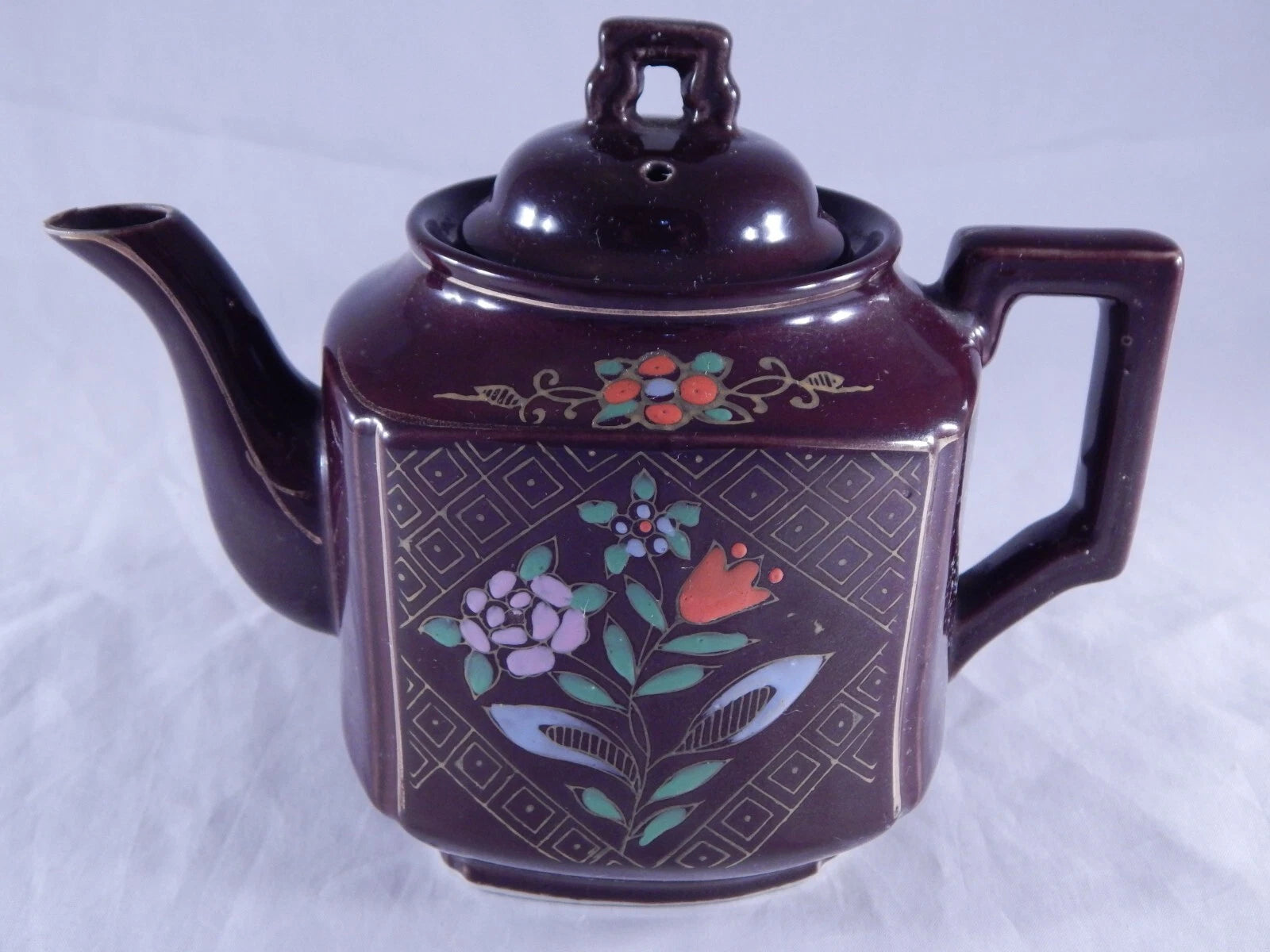 Antique Vintage Japan Teapot Early Mid Century Glossy Embossed Design Enamel