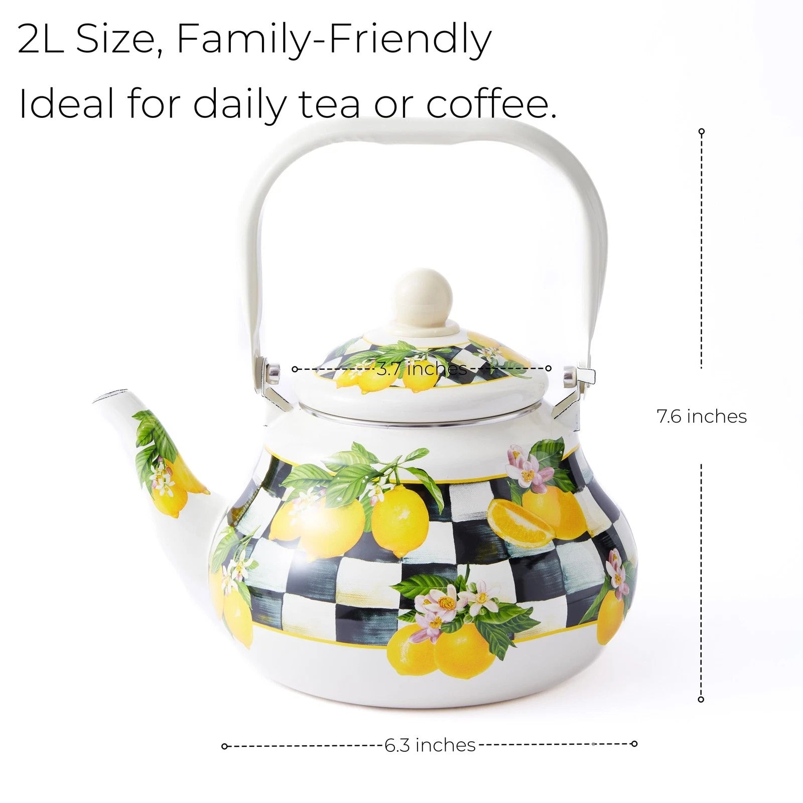 Checkered Tea Kettle with Lemon Pattern – 2 Quart Enamel Stovetop Teapot for ...