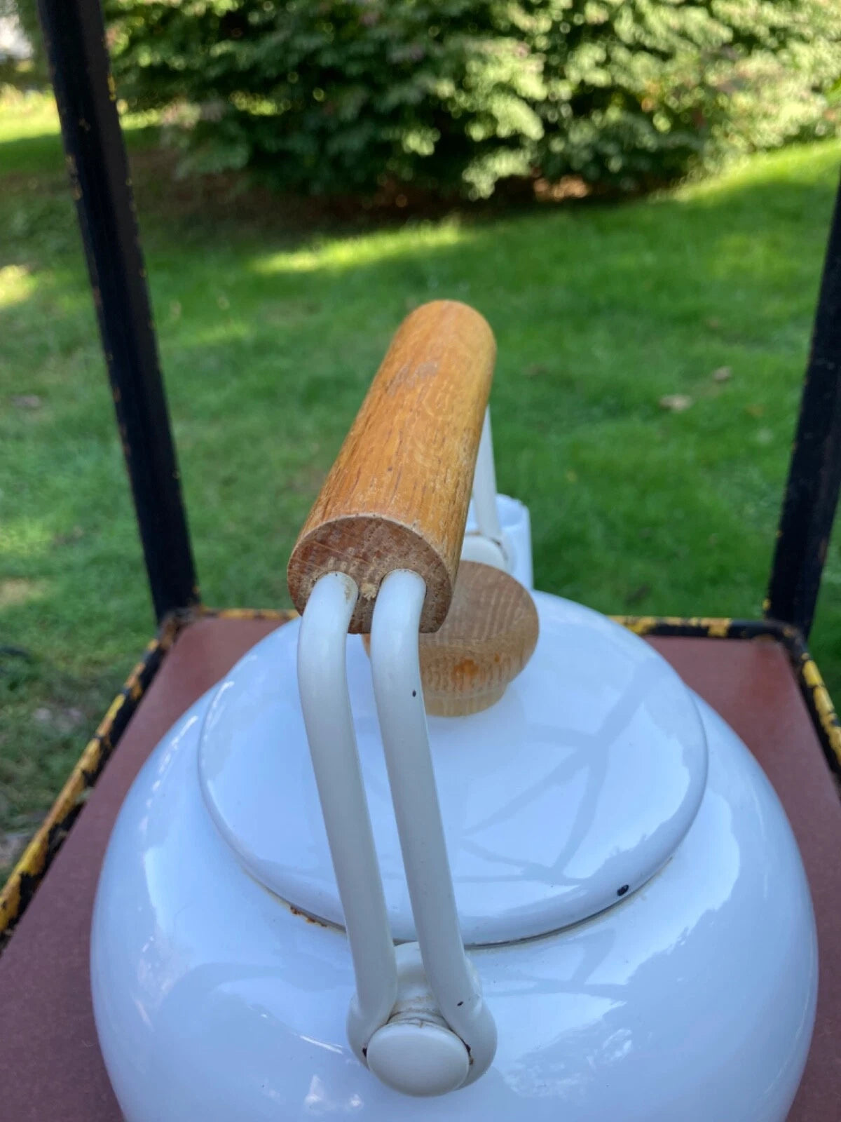 Enamel White MidCentury Tea Pot Kettle Wooden Handle & Knob Vintage | eBay