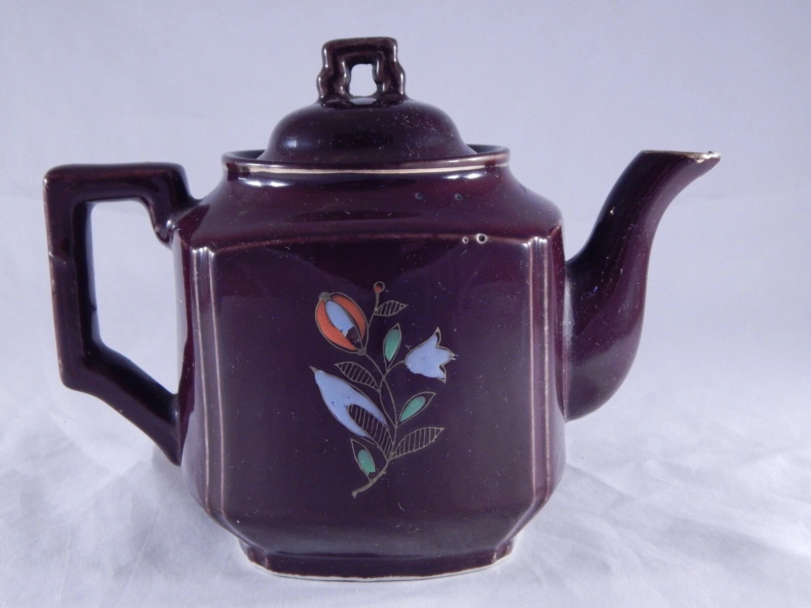 Antique Vintage Japan Teapot Early Mid Century Glossy Embossed Design Enamel