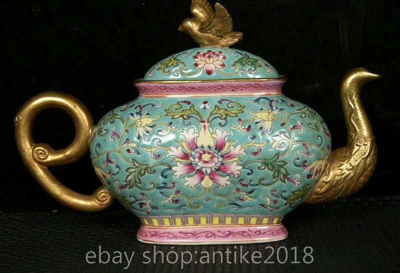 7.8 " Yongzheng Marked China Colour Enamel Porcelain Gilt Dynasty Flower Teapot