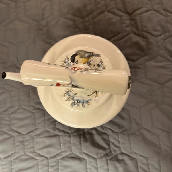 Lenox Winter Greetings Scenic Enamel Tea Kettle Cardinals Chickadee Holiday