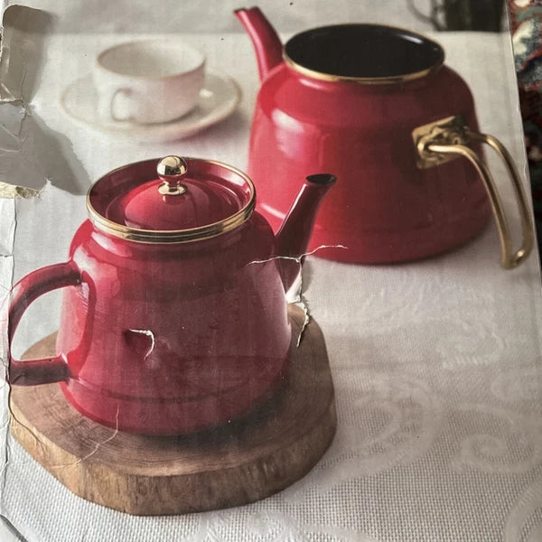 Emsan Troy Retro Red Enamel Turkish Teapot & Lid Set 2 Kettles 3.6 LT Rare NEW