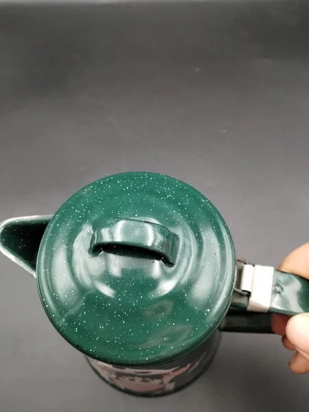 ENAMEL SPECKLE WARE TEAPOT GREEN COW GRAPHICS  8" TALL  5" ACROSS THE BOTTOM