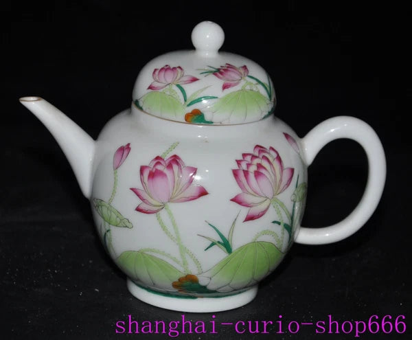 5.6"Qing Dynasty Qianlong enamel porcelain flowers text Tea set Teapot statue