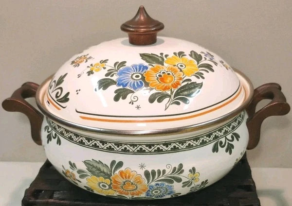 ASTA White Floral Enamelware Old Amsterdam 8.5” Dutch Oven & Teapot PRISTINE!!!
