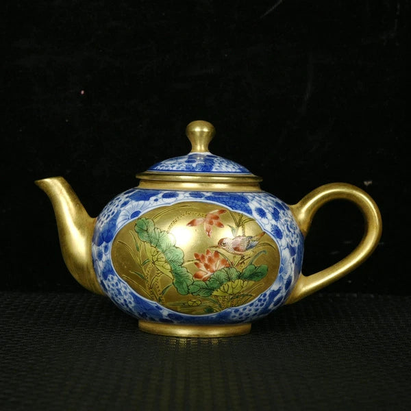 5.5" Antique dynasty Porcelain qianlong mark colour enamels flowers bird Teapot