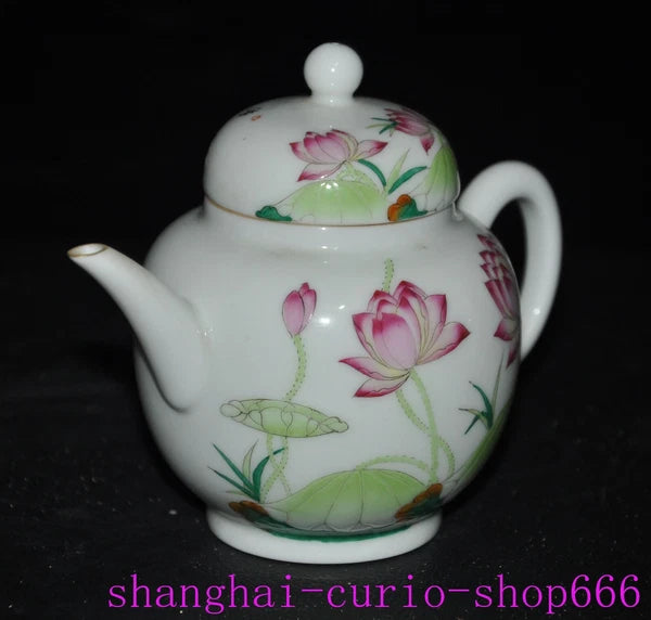 5.6"Qing Dynasty Qianlong enamel porcelain flowers text Tea set Teapot statue