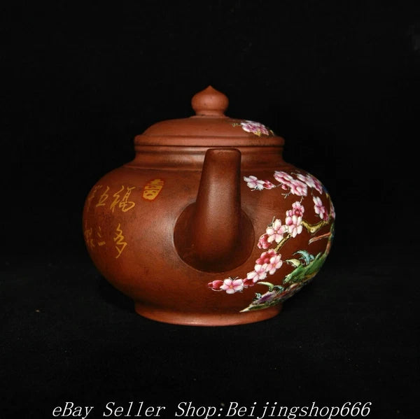 6.4" Marked Chinese Zisha Colour enamels Porcelain Flower Handle Kettle Teapot