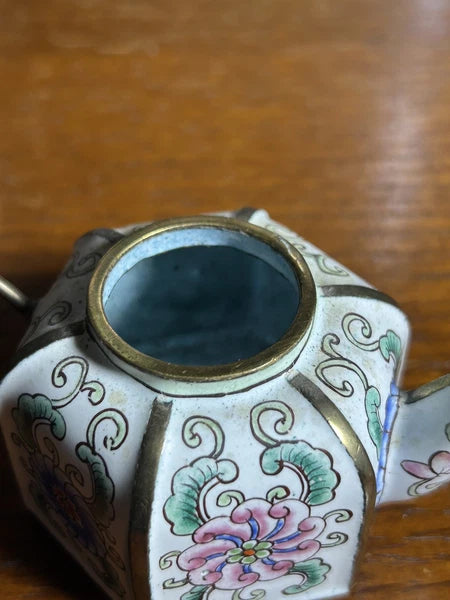 Chinemel B. Yee Enamel On Copper Miniature White Teapot W/Floral Decoration