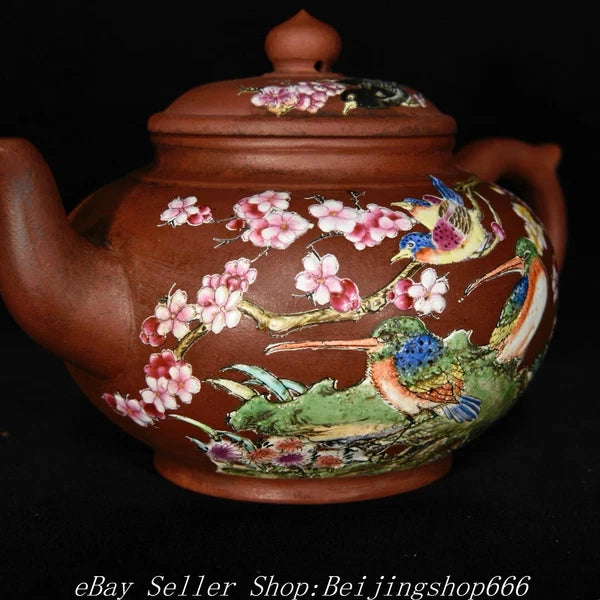 6.4" Marked Chinese Zisha Colour enamels Porcelain Flower Handle Kettle Teapot