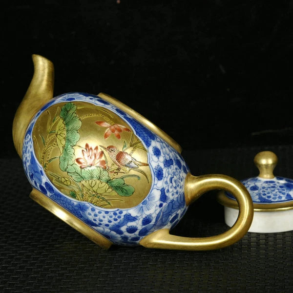 5.5" Antique dynasty Porcelain qianlong mark colour enamels flowers bird Teapot