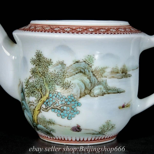 6" Old Chinese Enamel Porcelain Dynasty Landscape Mountain Tree Tea Pot Kettle