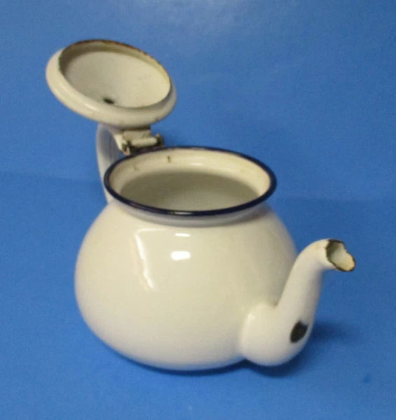 graniteware enamel ware Boston style teapot white w/ dark blue USED vintage rj