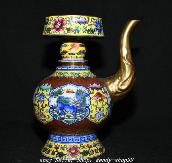 8" Qianlong Colour Enamel Porcelain Gilt Dragon Qilin Lotus Wine Tea Pot Flagon
