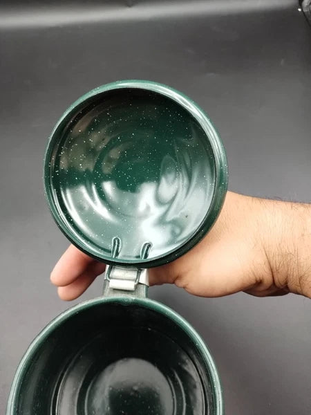 ENAMEL SPECKLE WARE TEAPOT GREEN COW GRAPHICS  8" TALL  5" ACROSS THE BOTTOM