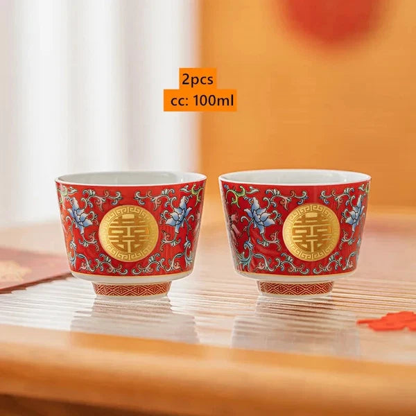 Chinese Wedding Tea Set Enamel Color Ceramic Gaiwan Handmade Beauty Teacup