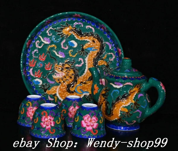 DaMing Chenghua Cloisonne Enamel Porcelain Filigree Dragon Teapot Cup Plate Set