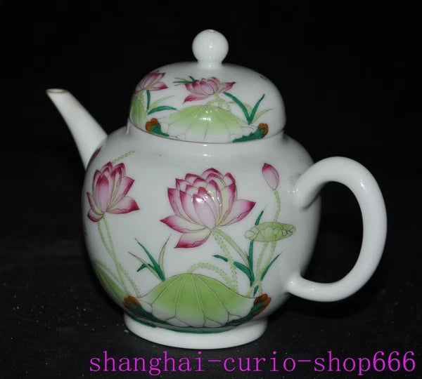 5.6"Qing Dynasty Qianlong enamel porcelain flowers text Tea set Teapot statue