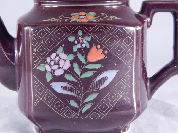 Antique Vintage Japan Teapot Early Mid Century Glossy Embossed Design Enamel