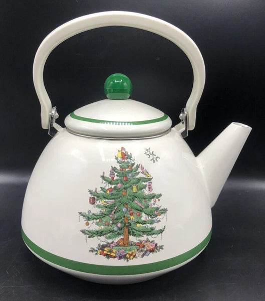 SPODE Christmas Tree Enamel On Steel Tea Kettle w Swing Handle Teapot Vtg
