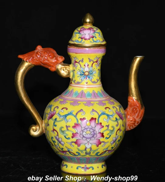 7" Qianlong Enamel Color Porcelain Gilt Dragon Beast Flower Wine Pot Teapot