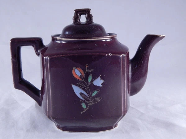 Antique Vintage Japan Teapot Early Mid Century Glossy Embossed Design Enamel