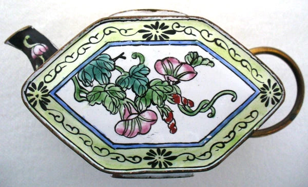 ASIAN~Mini~ENAMEL PAINTED~Floral~HEXAGON~Lidd~Tea Pot~COLLECTIBLE~4.5"x1.75"x3"