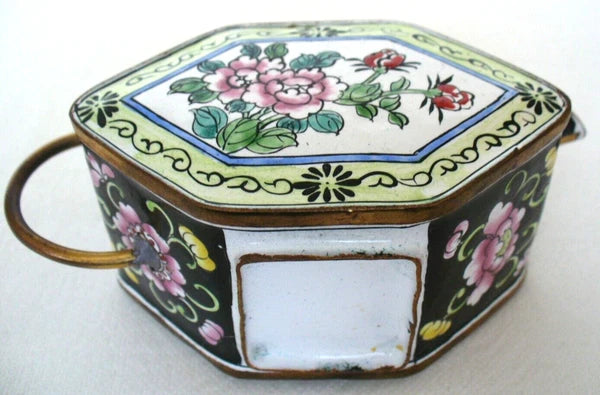 ASIAN~Mini~ENAMEL PAINTED~Floral~HEXAGON~Lidd~Tea Pot~COLLECTIBLE~4.5"x1.75"x3"