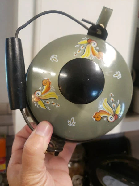 Berggren EnamelWare Teapot ROSEMALING Nordic '65 Green  Swedish Folk Art Cottage
