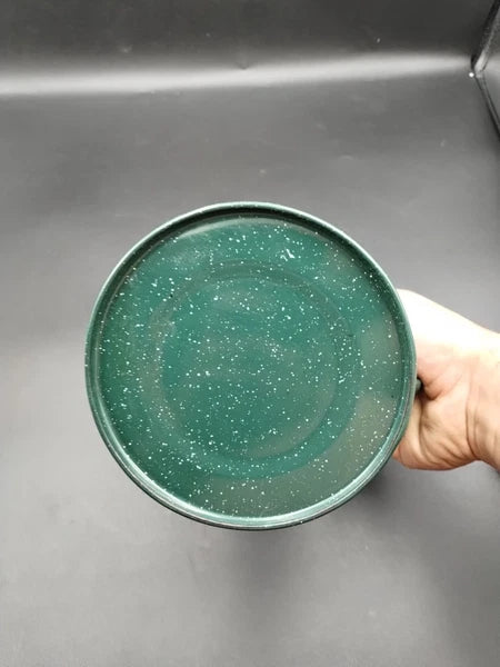 ENAMEL SPECKLE WARE TEAPOT GREEN COW GRAPHICS  8" TALL  5" ACROSS THE BOTTOM