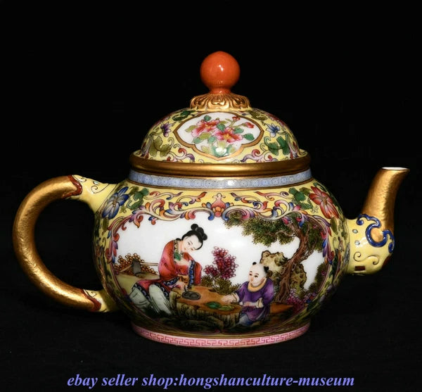 6.8 " Qianlong Marked China Colour Enamel Porcelain Dynasty People Story Teapot