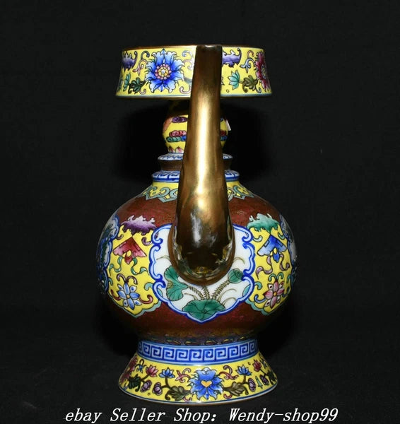 8" Qianlong Colour Enamel Porcelain Gilt Dragon Qilin Lotus Wine Tea Pot Flagon