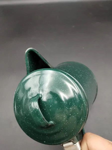 ENAMEL SPECKLE WARE TEAPOT GREEN COW GRAPHICS  8" TALL  5" ACROSS THE BOTTOM