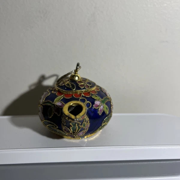 Mini Chinese Cloisonné Enameled Floral Glaze Cobalt Blue Teapot 3.5” L - 2" H